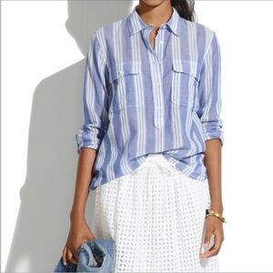Madewell cotton striped popover top denim blue chambray button roll tab XS